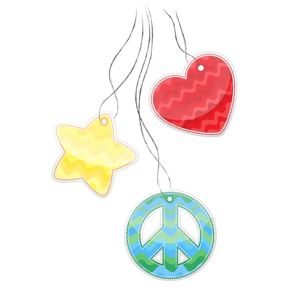 Stickers colorés en forme de coeur, pacifiste, étoile suspendue au cordon . — Image vectorielle