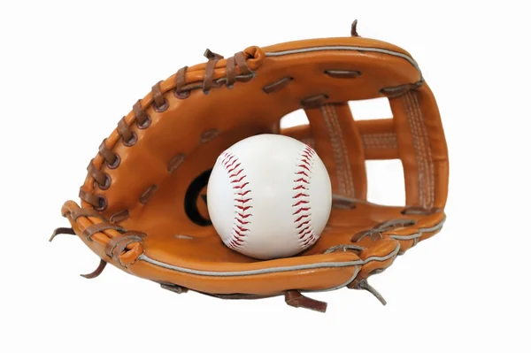 Baseball boll i handsken på vit bakgrund. — Stockfoto