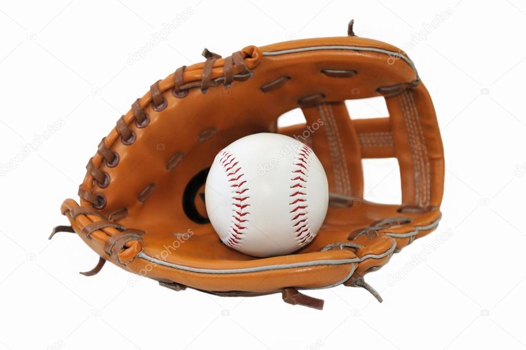 Baseball ball in glove on white background.