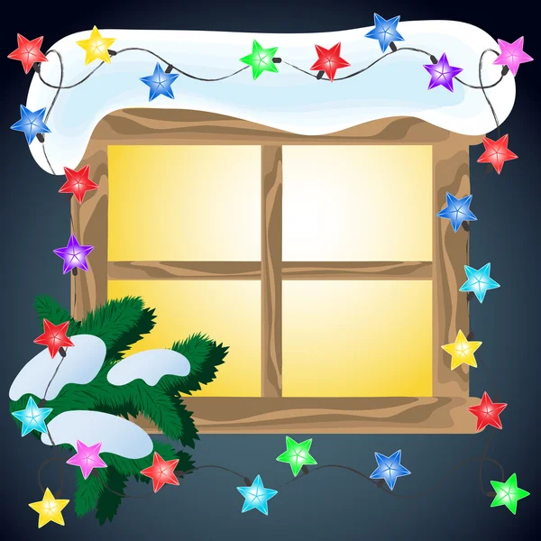 Winter window with glowing garland. — Stock Vector