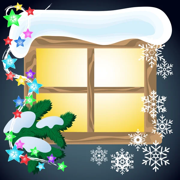 Winterfenster mit leuchtenden Girlanden und Schneeflocken. — Stockvektor