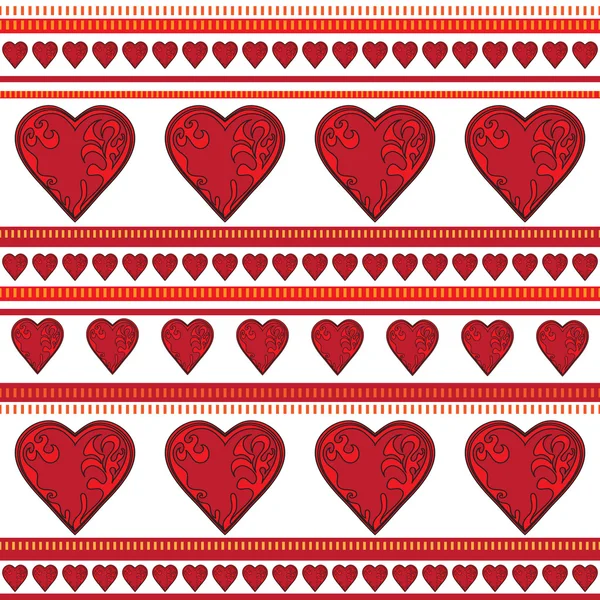 Background of red curly hearts in a row on white. — Stock Vector