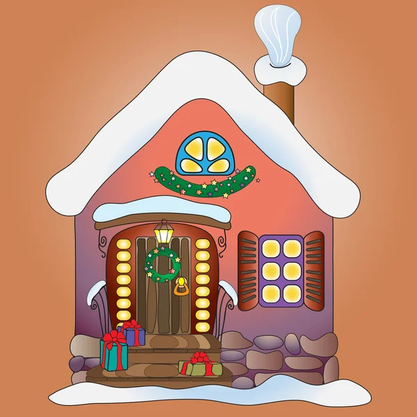 Мультфильм дом зимой с подарками, украшенный  . — стоковый вектор
