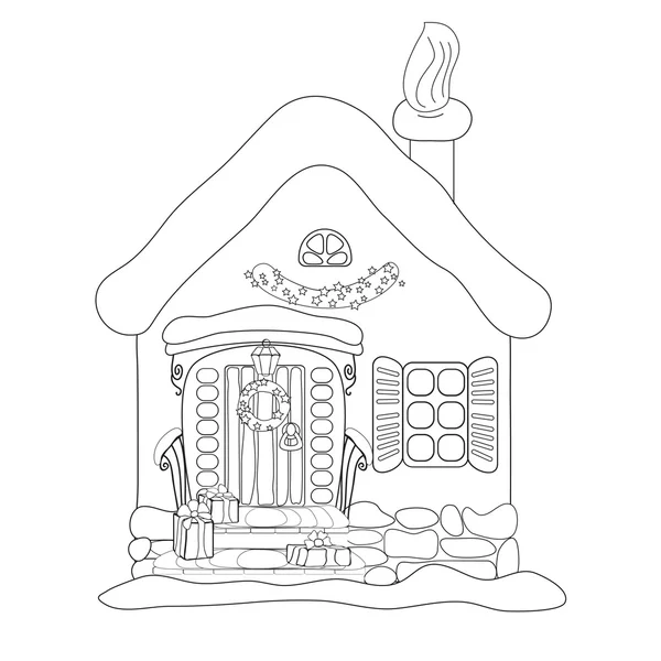 Dessin de contour avec une fabuleuse maison d'hiver . — Image vectorielle