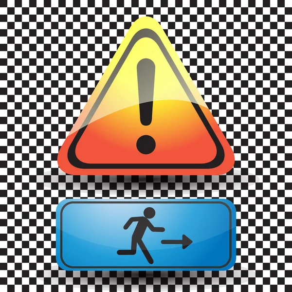 The exclamation point of danger and a plaque with the running man on the background to black and white. — Stock Vector