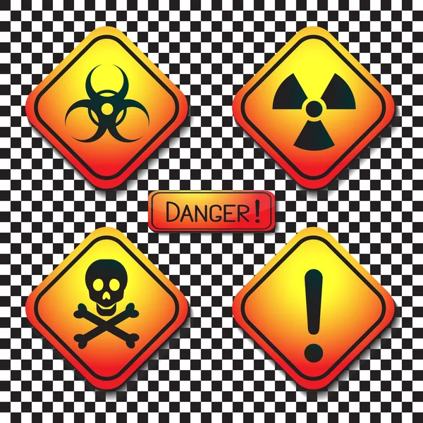 Etiquetas de advertencia: peligro biológico, radiación, veneno, peligro y peligro de inscripción . — Archivo Imágenes Vectoriales