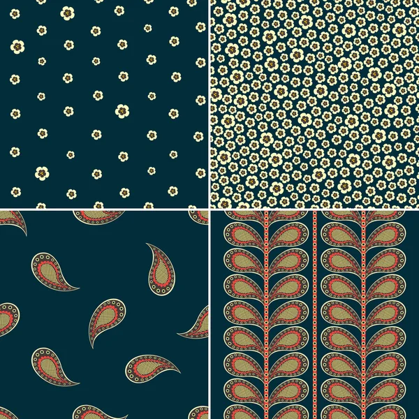 Set of seamless patterns with small flowers and ornamental cucumbers. — Stock Vector