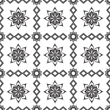 çiçekler hücrelerinde Dikişsiz siyah-beyaz desen.