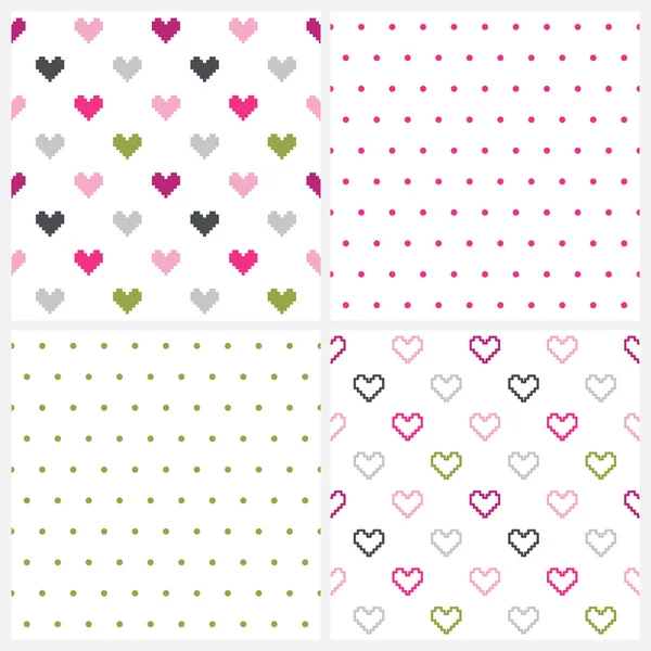 Set of four seamless patterns of hearts and polka dot pattern on white. — Stock Vector