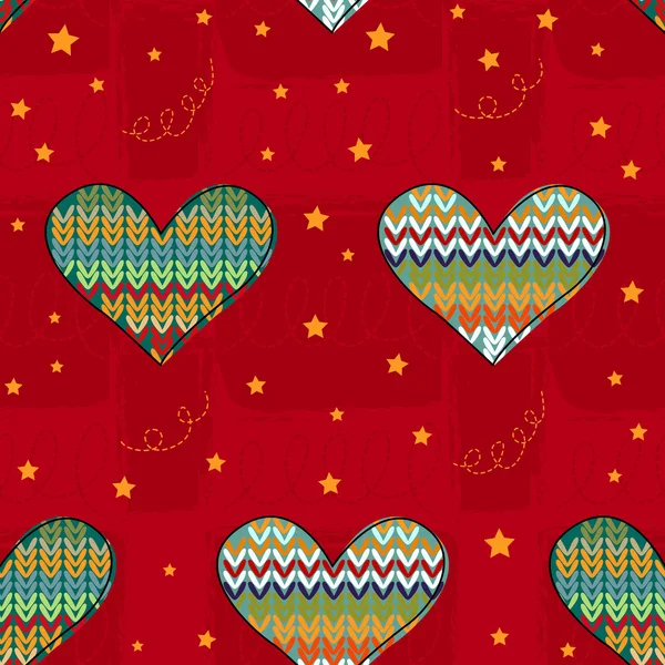 Bright festive background with knitted hearts. — Stock Vector