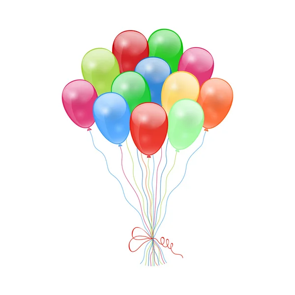 Bos van kleurrijke ballonnen op linten op witte achtergrond. — Stockvector