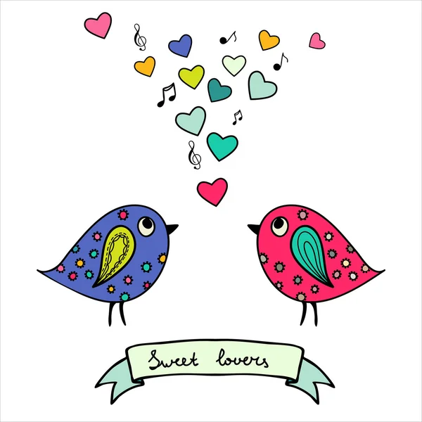 Dos pájaros coloridos, dibujados a mano con corazones y notas — Vector de stock