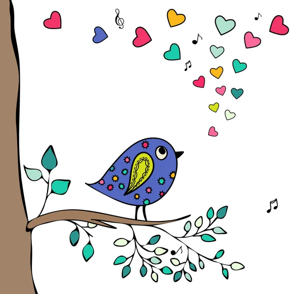 Blue bird, hand-drawn sitting on a tree branch with hearts notes. — Stock Vector
