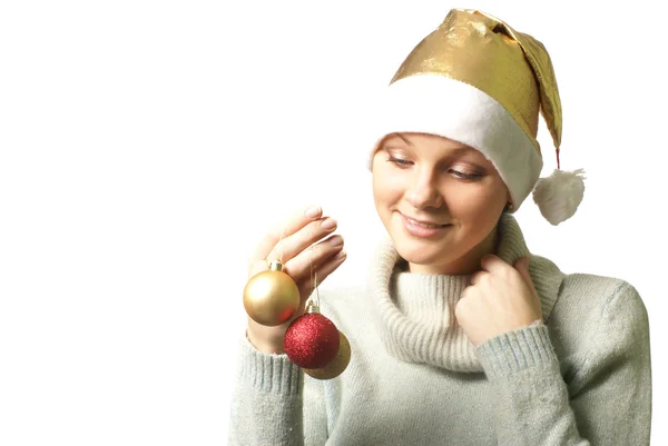Jovem atraente adulto feminino com bolas de Natal — Fotografia de Stock