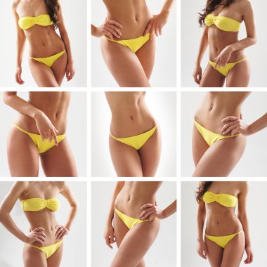 Stock photo of young, fit and sexy woman in yellow swimsuit clipart