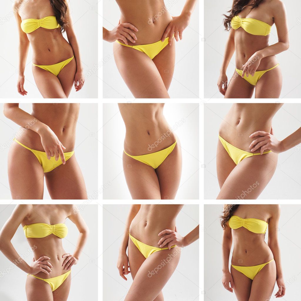 Stock photo of young, fit and sexy woman in yellow swimsuit