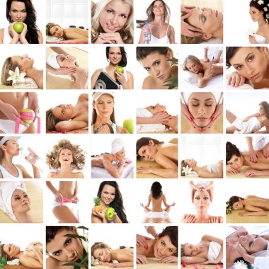 Great collage made of 36 pictures about health, dieting, sport and spa clipart