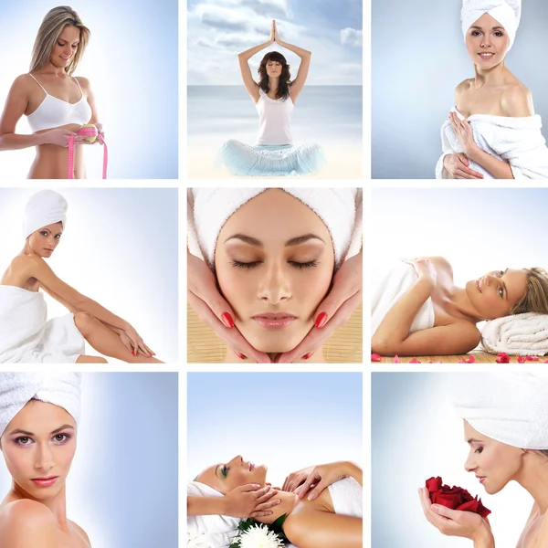 Spa collage with some nice shoots of young and healthy women getting recreation treatment — Stock Photo, Image