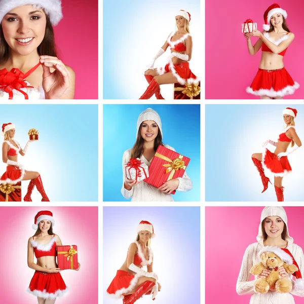 Schöne Weihnachtscollage aus einigen Bildern auf blauem und rosa Hintergrund — Stockfoto
