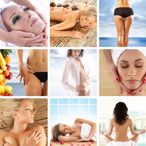 Gran collage sobre salud, belleza, deporte, meditación y spa — Foto de Stock
