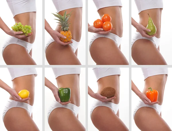 Colagem de algumas fotos com barriga esportiva e frutas — Fotografia de Stock