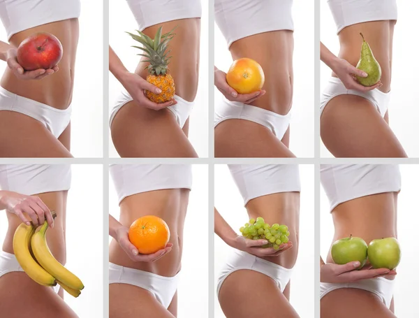 Colagem de algumas fotos com barriga esportiva e frutas — Fotografia de Stock