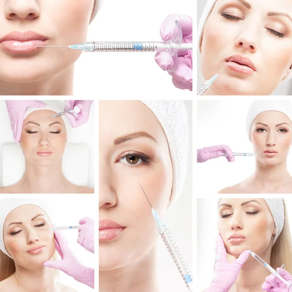 Mulher bonita recebe uma injeção em seu rosto — Fotografia de Stock