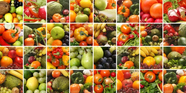 さまざまな果物や野菜の多くの画像のコラージュを作った — ストック写真