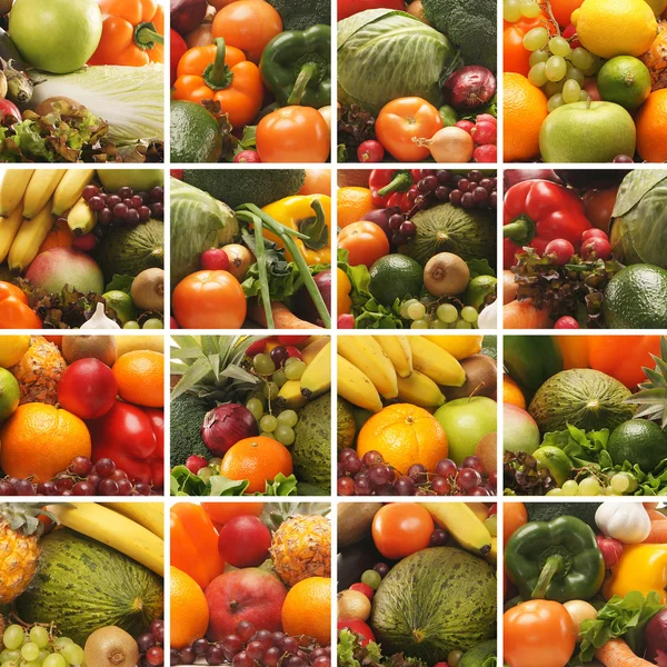 Colagem feita de muitas imagens de diferentes frutas e legumes — Fotografia de Stock