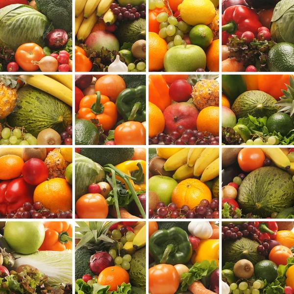 Κολάζ από πολλές εικόνες από διάφορα φρούτα και λαχανικά — Φωτογραφία Αρχείου