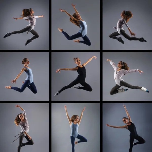 Jonge, aantrekkelijke, sportieve en sexy moderne danser springen over grijze achtergrond — Stockfoto