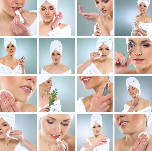 Collage de spa con algunos brotes agradables de mujeres jóvenes y saludables que reciben tratamiento de recreación —  Fotos de Stock