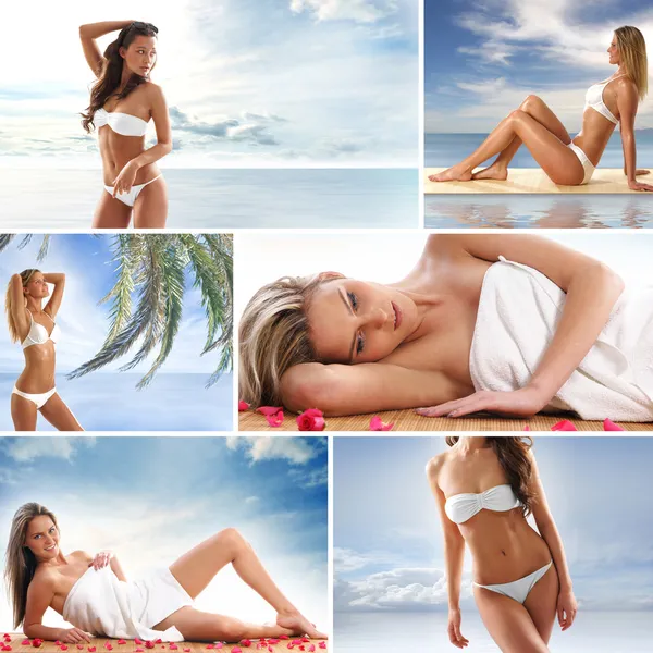 Collage de spa con algunos brotes agradables de mujeres jóvenes y saludables que reciben tratamiento de recreación — Foto de Stock