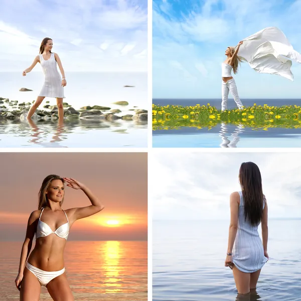 Collage av några bilder med tjejer och havet — Stockfoto
