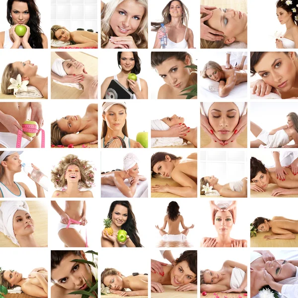 Gran collage hecho de 36 imágenes sobre salud, dieta, deporte y spa —  Fotos de Stock