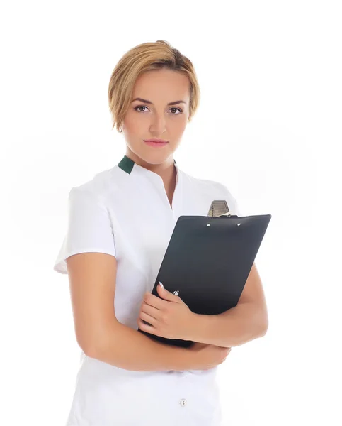 Fiatal vonzó női orvos elszigetelt fehér háttér felett — Stock Fotó