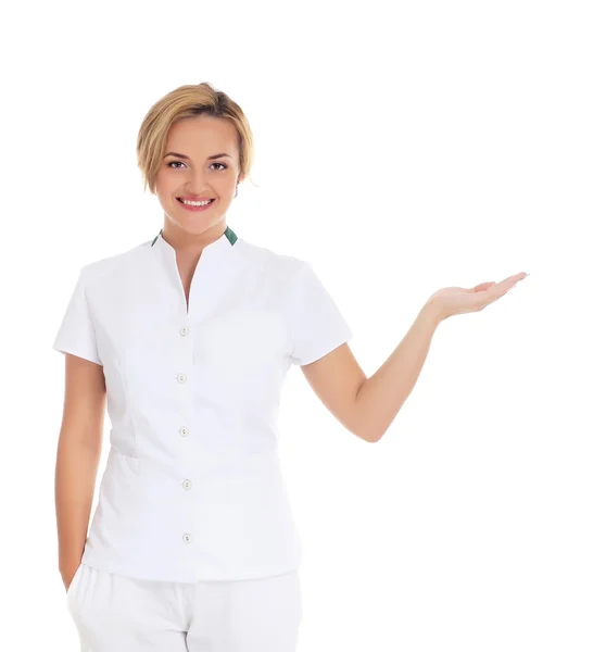 Young attractive female doctor isolated over white background — Stock Photo, Image