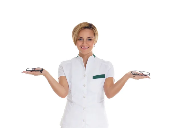 Młody atrakcyjny lekarz kobiece kobieta na białym tle nad białym — Zdjęcie stockowe