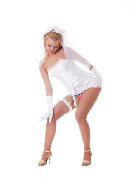 Young sexy bride in vulgar pose — Stock Photo, Image