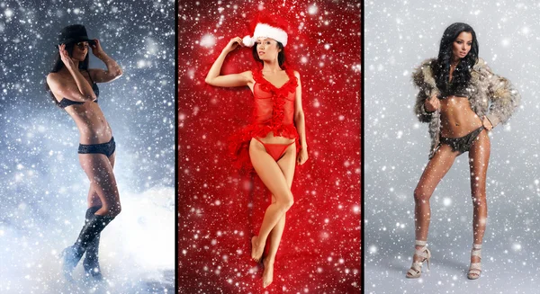 Collage de Noël avec des filles sexy en lingerie sur fond neigeux Images De Stock Libres De Droits