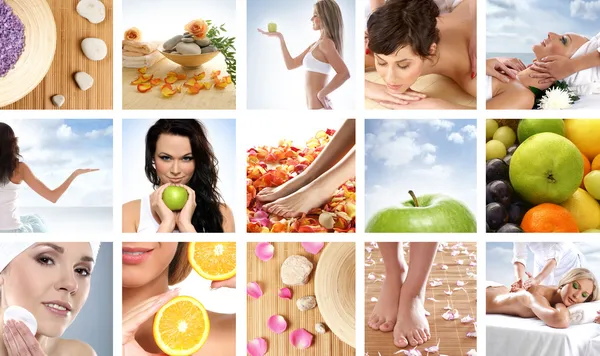 Mooie collage over gezond eten en gezondheidszorg Stockfoto