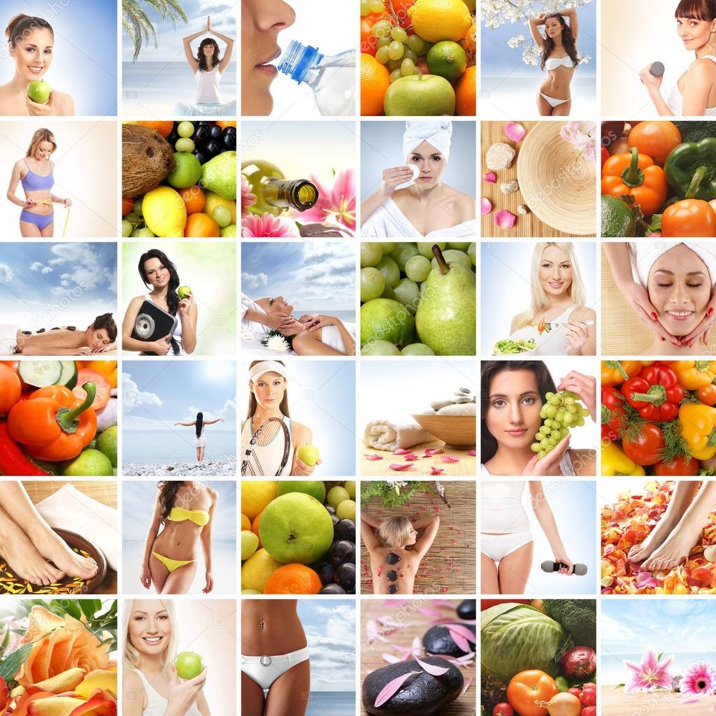 Collage made of many images about sport, health, dieting and nutrition