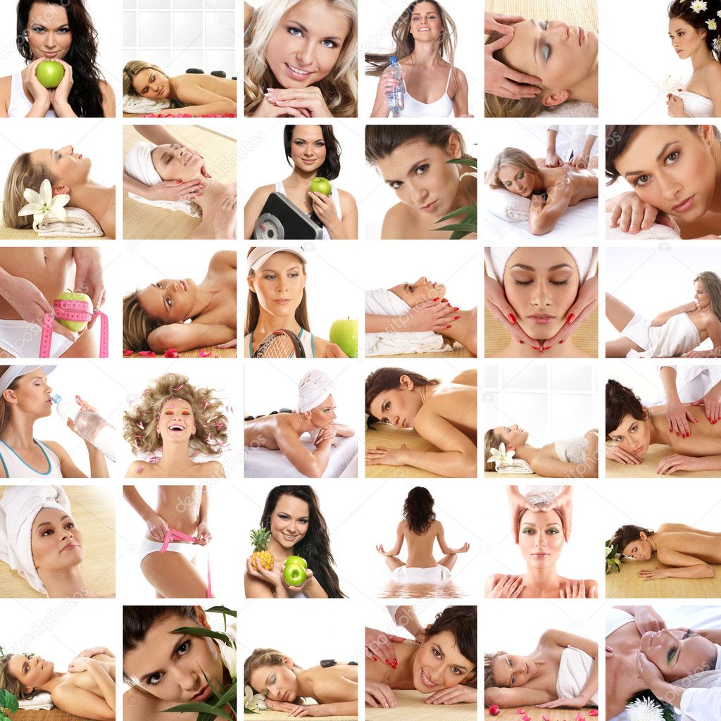 Great collage made of 36 pictures about health, dieting, sport and spa