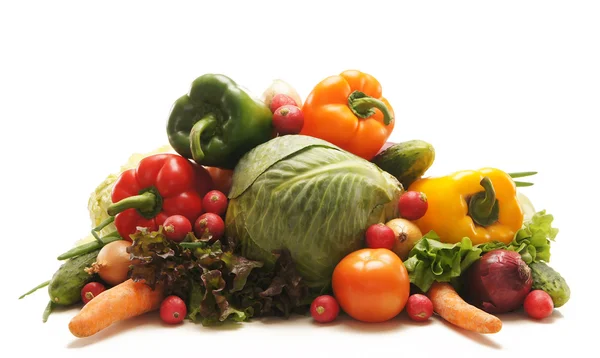 Pile of fresh and tasty fruits and vegetables isolated on white — Stock Photo, Image