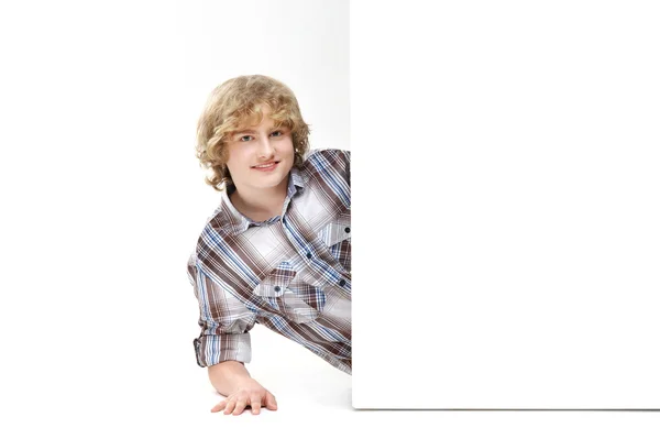 Boy with the blank banner — Stock Photo, Image