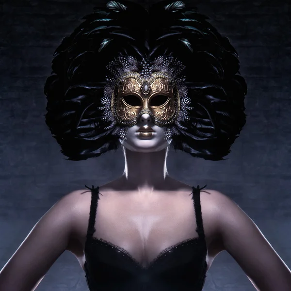 Young attractive woman in mask over dark background — Stock Photo, Image