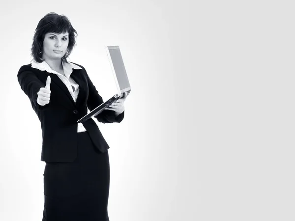 Attraktive Geschäftsfrau mit Notizbuch auf Weiß — Stockfoto