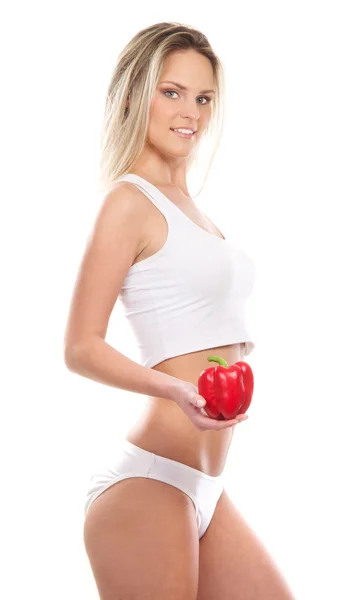 Joven chica sexy con frutas exóticas aisladas en blanco — Foto de Stock