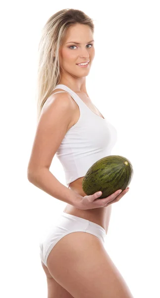 Young sexy girl with exotic fruit isolated on white — Stock Photo, Image