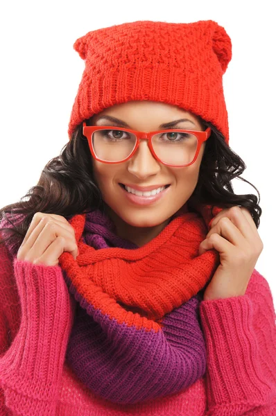 Portrait of young beautiful girl in winter style isolated on white — Stock Photo, Image